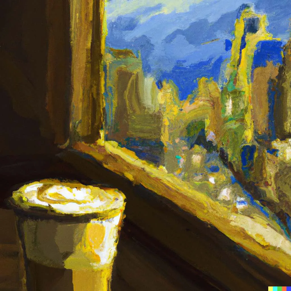 AI generated image of a latte sitting by a windowsill overlooking a city