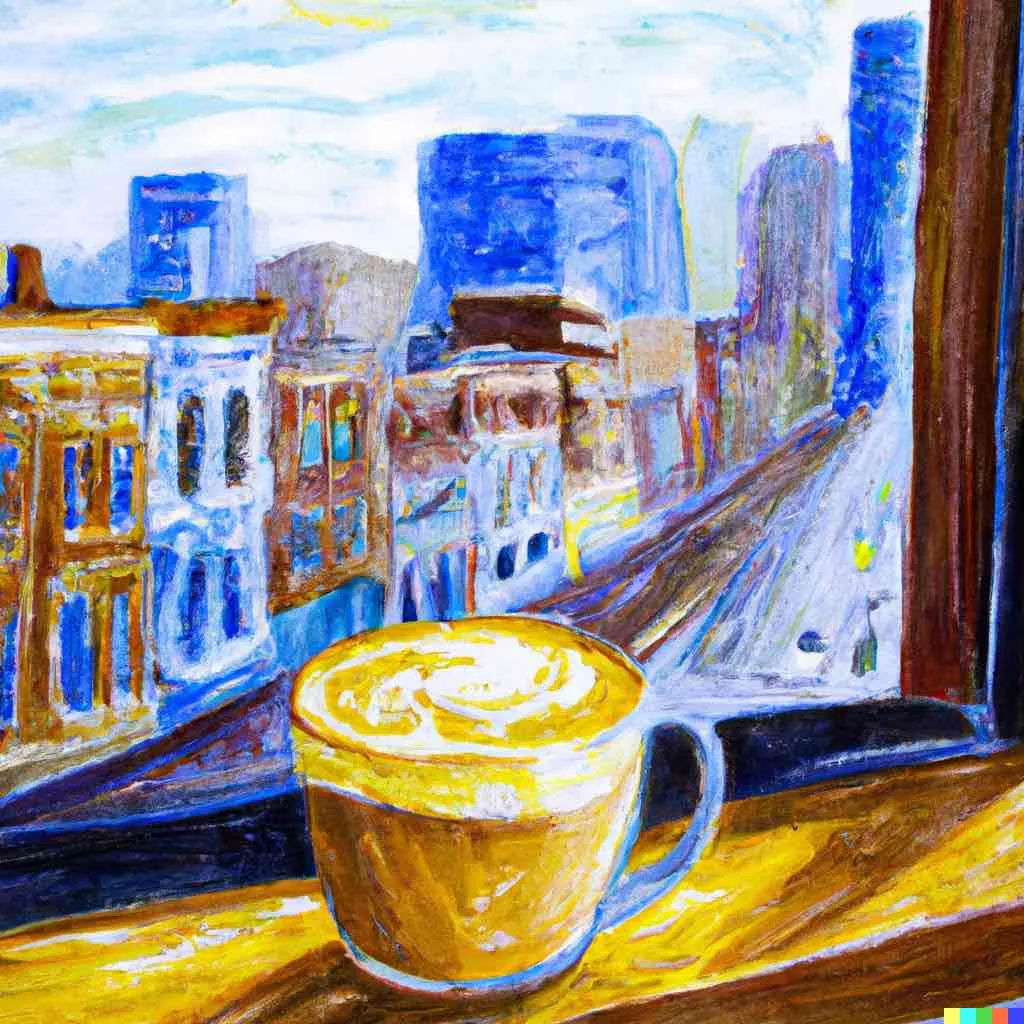 AI generated image of a latte sitting by a windowsill overlooking a city